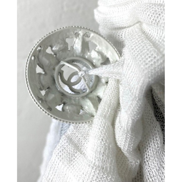 🤍 CHANEL Jewel Button Brooch Pin Ottoman Open Knit Stripe Shoulder Tie Sweater - Picture 5 of 11